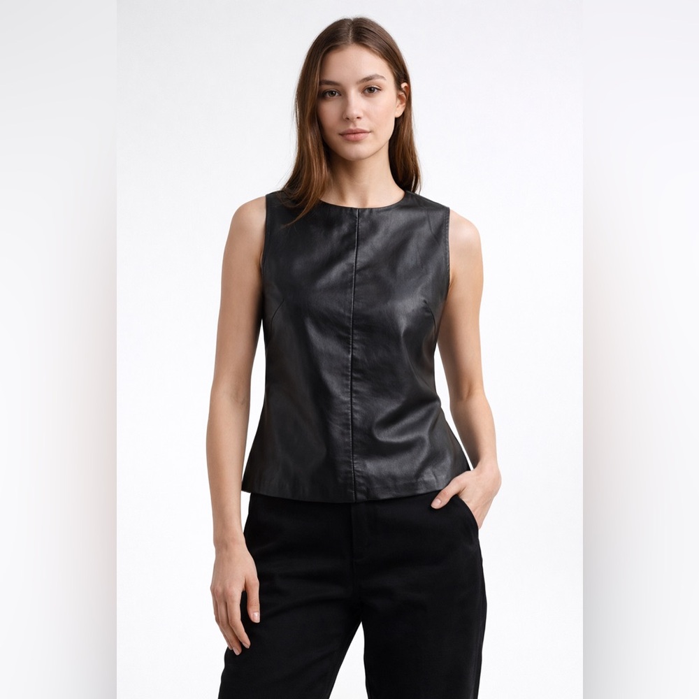 ✨‎ Rem Garson Black Genuine Leather Sleeveless Vest Top Size Medium ✨